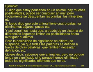 Ejemplo:
Si digo que estoy pensando en un animal, hay muchas
posibilidades, puede ser cualquier animal, pero
inicialmente se descuentan las plantas, los minerales
etc.
Si luego digo que este animal tiene cuatro patas, ya
eliminamos pájaros, peces etc.
Y así seguimos hasta que, a través de un sistema de
diferencias llegamos limitar las posibilidades hasta
averiguar el animal.
Pero la posibilidad de significado se difiere (se
suspende) ya que todas las palabras se definen a
través de otras palabras, que también necesitan
definición, etc.
Quiere decir, sabemos qué animal es, pero no porque
tenga un significado sino porque hemos eliminado
todos los significados diferidos que no es.
  Rodolfo-J. Rodríguez-R. E-mail: rodolfor@cariari.ucr.ac.cr / U.R.L.: http://cariari.ucr.ac.cr/~rodolfor   202
 