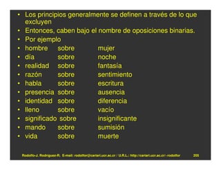 • Los principios generalmente se definen a través de lo que
  excluyen
• Entonces, caben bajo el nombre de oposiciones binarias.
• Por ejemplo
• hombre sobre            mujer
• día        sobre        noche
• realidad sobre          fantasía
• razón      sobre        sentimiento
• habla      sobre        escritura
• presencia sobre         ausencia
• identidad sobre         diferencia
• lleno      sobre        vacío
• significado sobre       insignificante
• mando      sobre        sumisión
• vida       sobre        muerte

 Rodolfo-J. Rodríguez-R. E-mail: rodolfor@cariari.ucr.ac.cr / U.R.L.: http://cariari.ucr.ac.cr/~rodolfor   205
 
