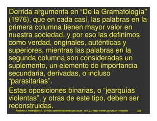 Derrida argumenta en “De la Gramatología”
(1976), que en cada casi, las palabras en la
primera columna tienen mayor valor en
nuestra sociedad, y por eso las definimos
como verdad, originales, auténticas y
superiores, mientras las palabras en la
segunda columna son consideradas un
suplemento, un elemento de importancia
secundaria, derivadas, o incluso
“parasitarias”.
Estas oposiciones binarias, o “jearquías
violentas”, y otras de este tipo, deben ser
reconstruidas.
  Rodolfo-J. Rodríguez-R. E-mail: rodolfor@cariari.ucr.ac.cr / U.R.L.: http://cariari.ucr.ac.cr/~rodolfor   206
 