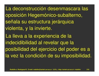 La deconstrucción desenmascara las
oposición Hegemónico-subalterno,
señala su estructura jerárquica
violenta, y la invierte.
La lleva a la experiencia de la
indecidibilidad al revelar que la
posibilidad del ejercicio del poder es a
la vez la condición de su imposibilidad.

  Rodolfo-J. Rodríguez-R. E-mail: rodolfor@cariari.ucr.ac.cr / U.R.L.: http://cariari.ucr.ac.cr/~rodolfor   219
 