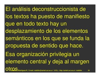 El análisis deconstruccionista de
los textos ha puesto de manifiesto
que en todo texto hay un
desplazamiento de los elementos
semánticos en los que se funda la
propuesta de sentido que hace.
Esa organización privilegia un
elemento central y deja al margen
otros.
 Rodolfo-J. Rodríguez-R. E-mail: rodolfor@cariari.ucr.ac.cr / U.R.L.: http://cariari.ucr.ac.cr/~rodolfor   24
 