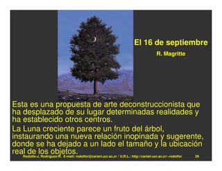 El 16 de septiembre
                                                                                  R. Magritte




Esta es una propuesta de arte deconstruccionista que
ha desplazado de su lugar determinadas realidades y
ha establecido otros centros.
La Luna creciente parece un fruto del árbol,
instaurando una nueva relación inopinada y sugerente,
donde se ha dejado a un lado el tamaño y la ubicación
real de los objetos.
   Rodolfo-J. Rodríguez-R. E-mail: rodolfor@cariari.ucr.ac.cr / U.R.L.: http://cariari.ucr.ac.cr/~rodolfor 29
 