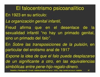 El falocentrismo psicoanalítico
En 1923 en su artículo:
La organización genital infantil,
Freud afirma que en el desenlace de la
sexualidad infantil “no hay un primado genital,
sino un primado del falo”.
En Sobre las transposiciones de la pulsión, en
particular del erotismo anal de 1917
Expone la idea de que el falo pueda desplazarse
de un significante a otro, en las equivalencias
simbólicas entre pene-hijo-regalo-dinero.
  Rodolfo-J. Rodríguez-R. E-mail: rodolfor@cariari.ucr.ac.cr / U.R.L.: http://cariari.ucr.ac.cr/~rodolfor   67
 