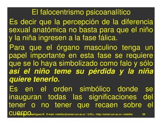 El falocentrismo psicoanalítico
Es decir que la percepción de la diferencia
sexual anatómica no basta para que el niño
y la niña ingresen a la fase fálica.
Para que el órgano masculino tenga un
papel importante en esta fase se requiere
que se lo haya simbolizado como falo y sólo
así el niño teme su pérdida y la niña
quiere tenerlo.
Es en el orden simbólico donde se
inauguran todas las significaciones del
tener o no tener que recaen sobre el
cuerpo.
  Rodolfo-J. Rodríguez-R. E-mail: rodolfor@cariari.ucr.ac.cr / U.R.L.: http://cariari.ucr.ac.cr/~rodolfor   69
 