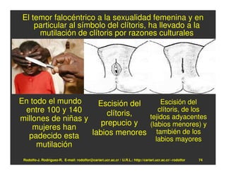El temor falocéntrico a la sexualidad femenina y en
     particular al símbolo del clítoris, ha llevado a la
      mutilación de clítoris por razones culturales




En todo el mundo      Escisión del     Escisión del
 entre 100 y 140         clítoris,
                                      clítoris, de los
millones de niñas y                tejidos adyacentes
                       prepucio y  (labios menores) y
    mujeres han
  padecido esta     labios menores también de los
                                     labios mayores
     mutilación
 Rodolfo-J. Rodríguez-R. E-mail: rodolfor@cariari.ucr.ac.cr / U.R.L.: http://cariari.ucr.ac.cr/~rodolfor   74
 