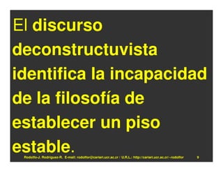 El discurso
deconstructuvista
identifica la incapacidad
de la filosofía de
establecer un piso
estable.
 Rodolfo-J. Rodríguez-R. E-mail: rodolfor@cariari.ucr.ac.cr / U.R.L.: http://cariari.ucr.ac.cr/~rodolfor   9
 