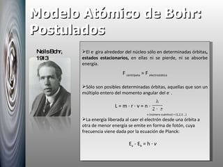 Modelo Atómico de Bohr: Postulados  Neils Bohr, 1913  El e -  gira alrededor del núcleo sólo en determinadas órbitas , estados estacionarios,  en ellas ni se pierde, ni se absorbe energía. F  centrípeta  = F  electrostática Sólo son posibles determinadas órbitas, aquellas que son un múltiplo entero del momento angular del e -  . L = m · r · v = n ·  n (número cuántico) = (1,2,3 …) La energía liberada al caer el electrón desde una órbita a otra de menor energía se emite en forma de fotón, cuya frecuencia viene dada por la ecuación de Planck:                                 E a  - E b  = h ·  v    