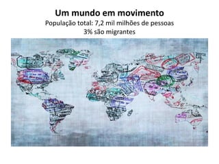Um mundo em movimento
População total: 7,2 mil milhões de pessoas
3% são migrantes
 