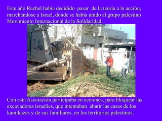 Este año Rachel había decidido pasar de la teoría a la acción,
marchándose a Israel, donde se había unido al grupo palestino
Movimiento Internacional de la Solidaridad.




Con esta Asociación participaba en acciones, para bloquear las
excavadoras israelíes, que intentaban abatir las casas de los
kamikazes y de sus familiares, en los territorios palestinos.
 