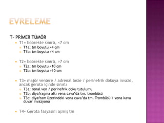 T- PRİMER TÜMÖR


T1= böbrekte sınırlı, <7 cm





T2= böbrekte sınırlı, >7 cm





T2a: tm boyutu <10 cm
T2b: tm boyutu >10 cm

T3= majör venlere / adrenal beze / perinefrik dokuya invaze,
ancak gerota içinde sınırlı






T1a: tm boyutu <4 cm
T1b: tm boyutu >4 cm

T3a: renal ven / perinefrik doku tutulumu
T3b: diyafragma altı vena cava’da tm. trombüsü
T3c: diyafram üzerindeki vena cava’da tm. Trombüsü / vena kava
duvar invazyonu

T4= Gerota fasyasını aşmış tm

 