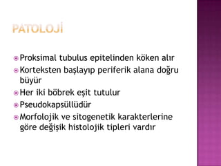  Proksimal

tubulus epitelinden köken alır
 Korteksten başlayıp periferik alana doğru
büyür
 Her iki böbrek eşit tutulur
 Pseudokapsüllüdür
 Morfolojik ve sitogenetik karakterlerine
göre değişik histolojik tipleri vardır

 