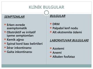 KLİNİK BULGULAR
SEMPTOMLAR

BULGULAR

 Erken evrede

 DRM

asemptomatik
 Obstrüktif ve irritatif
işeme semptomları
 Kemik ağrısı
 Spinal kord bası belirtileri
 İdrar inkontinansı
 Gaita inkontinansı

 Palpabıl lenf nodu
 Alt ekstremite ödemi

LABORATUVAR BULGULARI
 Azotemi
 Anemi
 Alkalen fosfataz

 