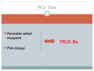 PCa- Tanı

Parmakla rektal

muayene

PSA düzeyi

TRUS-Bx

 