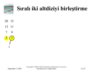 Sıralı iki altdiziyi birleştirme

20 12
13 11
7       9
2       1

    1




                        Copyright © 2001-5 Erik D. Demaine and Charles E. Leiserson
    September 7, 2005                 Introduction to Algorithms                      L1.27
 