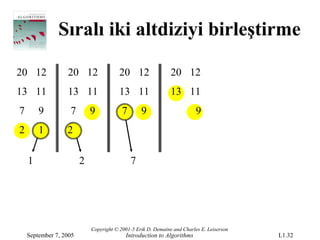 Sıralı iki altdiziyi birleştirme

20 12             20 12                 20 12                 20 12
13 11             13 11                 13 11                 13 11
7       9          7        9            7       9                       9
2       1         2

    1                   2                    7




                            Copyright © 2001-5 Erik D. Demaine and Charles E. Leiserson
    September 7, 2005                     Introduction to Algorithms                      L1.32
 