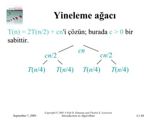 Yineleme ağacı
T(n) = 2T(n/2) + cn'i çözün; burada c > 0 bir
sabittir.
                         cn
            cn/2                 cn/2

            T(n/4)             T(n/4)                  T(n/4)                   T(n/4)




                      Copyright © 2001-5 Erik D. Demaine and Charles E. Leiserson
  September 7, 2005                 Introduction to Algorithms                           L1.44
 