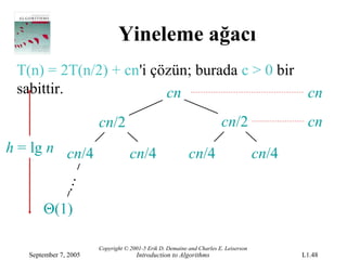 Yineleme ağacı
 T(n) = 2T(n/2) + cn'i çözün; burada c > 0 bir
 sabittir.               cn                    cn
                       cn/2                                            cn/2                  cn
h = lg n cn/4                      cn/4                   cn/4                       cn/4
            …




       Θ(1)

                       Copyright © 2001-5 Erik D. Demaine and Charles E. Leiserson
   September 7, 2005                 Introduction to Algorithms                             L1.48
 