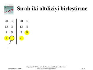 Sıralı iki altdiziyi birleştirme

20 12             20 12
13 11             13 11
7       9          7    9
2       1         2

    1




                        Copyright © 2001-5 Erik D. Demaine and Charles E. Leiserson
    September 7, 2005                 Introduction to Algorithms                      L1.28
 