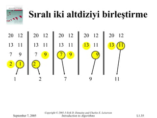 Sıralı iki altdiziyi birleştirme

20 12             20 12                 20 12                 20 12                 20 12
13 11             13 11                 13 11                 13 11                 13 11
7       9          7        9            7       9                       9
2       1         2

    1                   2                    7                     9                      11




                            Copyright © 2001-5 Erik D. Demaine and Charles E. Leiserson
    September 7, 2005                     Introduction to Algorithms                           L1.35
 