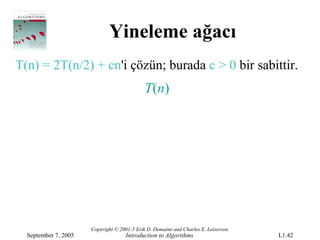 Yineleme ağacı
T(n) = 2T(n/2) + cn'i çözün; burada c > 0 bir sabittir.
                                             T(n)




                      Copyright © 2001-5 Erik D. Demaine and Charles E. Leiserson
  September 7, 2005                 Introduction to Algorithms                      L1.42
 