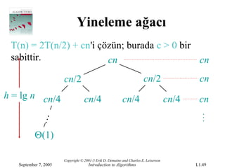 Yineleme ağacı
 T(n) = 2T(n/2) + cn'i çözün; burada c > 0 bir
 sabittir.               cn                    cn
                       cn/2                                            cn/2                  cn
h = lg n cn/4                      cn/4                   cn/4                       cn/4    cn
            …




           Θ(1)

                       Copyright © 2001-5 Erik D. Demaine and Charles E. Leiserson
   September 7, 2005                 Introduction to Algorithms                             L1.49
 
