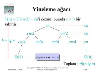 Yineleme ağacı
 T(n) = 2T(n/2) + cn'i çözün; burada c > 0 bir
 sabittir.               cn                    cn
                       cn/2                                            cn/2                  cn
h = lg n cn/4                      cn/4                   cn/4                       cn/4    cn
            …




           Θ(1)                     yaprak sayısı = n                                        Θ(n)
                                                                            Toplam = Θ(n lg n)
                       Copyright © 2001-5 Erik D. Demaine and Charles E. Leiserson
   September 7, 2005                 Introduction to Algorithms                             L1.51
 