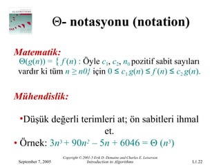 Θ- notasyonu (notation)

Matematik:
 Θ(g(n)) = { f (n) : Öyle c1, c2, n0 pozitif sabit sayıları
 vardır ki tüm n ≥ n0} için 0 ≤ c1 g(n) ≤ f (n) ≤ c2 g(n).

Mühendislik:

  •Düşük değerli terimleri at; ön sabitleri ihmal
                       et.
• Örnek: 3n3 + 90n2 – 5n + 6046 = Θ (n3)
                      Copyright © 2001-5 Erik D. Demaine and Charles E. Leiserson
 September 7, 2005                  Introduction to Algorithms                      L1.22
 