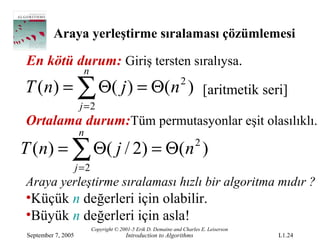 Araya yerleştirme sıralaması çözümlemesi

 En kötü durum: Giriş tersten sıralıysa.
                       n
T ( n ) = ∑ Θ( j ) = Θ( n )                                       2
                                                                            [aritmetik seri]
                      j =2
Ortalama durum:Tüm permutasyonlar eşit olasılıklı.
                      n
T ( n ) = ∑ Θ ( j / 2) = Θ ( n )                                        2

                     j =2
Araya yerleştirme sıralaması hızlı bir algoritma mıdır ?
•Küçük n değerleri için olabilir.
•Büyük n değerleri için asla!
                            Copyright © 2001-5 Erik D. Demaine and Charles E. Leiserson
 September 7, 2005                        Introduction to Algorithms                      L1.24
 