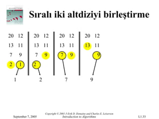 Sıralı iki altdiziyi birleştirme

20 12             20 12                 20 12                 20 12
13 11             13 11                 13 11                 13 11
7       9          7        9            7       9                       9
2       1         2

    1                   2                    7                     9




                            Copyright © 2001-5 Erik D. Demaine and Charles E. Leiserson
    September 7, 2005                     Introduction to Algorithms                      L1.33
 
