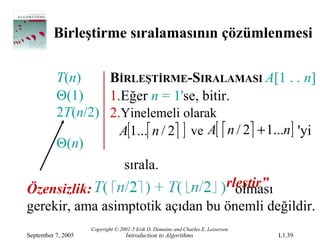 Birleştirme sıralamasının çözümlenmesi

          T(n)    BİRLEŞTİRME-SIRALAMASI A[1 . . n]
          Θ(1)    1.Eğer n = 1'se, bitir.
          2T(n/2) 2.Yinelemeli olarak
                    A[1... n / 2 ] ve A[  n / 2 + 1...n] 'yi
          Θ(n)
                               sırala.
Özensizlik:                 3. 2 sıralı listeyi “Birleştir”
                                                     olması
gerekir, ama asimptotik açıdan bu önemli değildir.
                    Copyright © 2001-5 Erik D. Demaine and Charles E. Leiserson
September 7, 2005                 Introduction to Algorithms                      L1.39
 