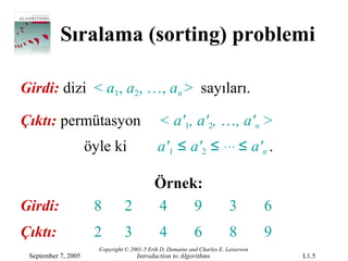 Sıralama (sorting) problemi

Girdi: dizi < a1, a2, …, an > sayıları.

Çıktı: permütasyon                            < a'1, a'2, …, a'n >
                     öyle ki                  a'1 ≤ a'2 ≤ … ≤ a'n .

                                            Örnek:
Girdi:                8          2          4    9                        3          6
Çıktı:                2          3            4             6             8          9
                       Copyright © 2001-5 Erik D. Demaine and Charles E. Leiserson
 September 7, 2005                   Introduction to Algorithms                          L1.5
 