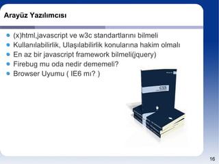 Arayüz Yazılımcısı

  (x)html,javascript ve w3c standartlarını bilmeli
  Kullanılabilirlik, Ulaşılabilirlik konularına hakim olmalı
  En az bir javascript framework bilmeli(jquery)
  Firebug mu oda nedir dememeli?
  Browser Uyumu ( IE6 mı? )




                                                               16
 
