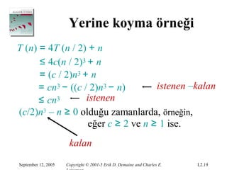 Yerine koyma örneği
T (n) = 4T (n / 2) + n
      ≤ 4c(n / 2)3 + n
      = (c / 2)n3 + n
      = cn3 − ((c / 2)n3 − n)       istenen –kalan
      ≤ cn3        istenen
(c/2)n3 – n ≥ 0 olduğu zamanlarda, örneğin,
                   eğer c ≥ 2 ve n ≥ 1 ise.
                      kalan
September 12, 2005   Copyright © 2001-5 Erik D. Demaine and Charles E.   L2.19
 