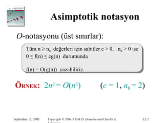 Asimptotik notasyon
 O-notasyonu (üst sınırlar):
        Tüm n ≥ n0 değerleri için sabitler c > 0, n0 > 0 ise
        0 ≤ f(n) ≤ cg(n) durumunda

        f(n) = O(g(n)) yazabiliriz.


ÖRNEK: 2n2 = O(n3)                                        (c = 1, n0 = 2)


September 12, 2005   Copyright © 2001-5 Erik D. Demaine and Charles E.   L2.3
 