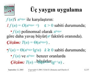 Üç yaygın uygulama
f (n)'i nlogba ile karşılaştırın:
1.f (n) = O(nlogba – ε) ε > 0 sabiti durumunda;
   • f (n) polinomsal olarak nlogba
göre daha yavaş büyür(nε faktörü oranında).
Çözüm: T(n) = Θ(nlogba) .
•f (n) = Θ(nlogba lgkn) k ≥ 0 sabiti durumunda;
   • f (n) ve nlogba benzer oranlarda
   Çözüm: T(n) =büyürler. k+1n) .
                      Θ(nlogba lg
September 12, 2005   Copyright © 2001-5 Erik D. Demaine and Charles E.   L2.37
 