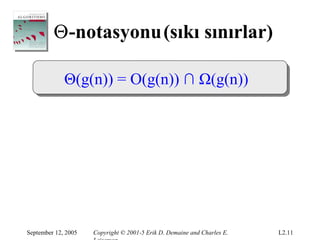 Θ-notasyonu(sıkı sınırlar)

             Θ(g(n)) = O(g(n)) ∩ Ω(g(n))




September 12, 2005   Copyright © 2001-5 Erik D. Demaine and Charles E.   L2.11
 
