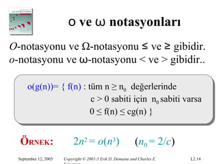 ο ve ω notasyonları
O-notasyonu ve Ω-notasyonu ≤ ve ≥ gibidir.
o-notasyonu ve ω-notasyonu < ve > gibidir..

      o(g(n))= { f(n) : tüm n ≥ n0 değerlerinde
                         c > 0 sabiti için n0 sabiti varsa
                         0 ≤ f(n) ≤ cg(n) }


  ÖRNEK:                    2n2 = o(n3)                     (n0 = 2/c)
  September 12, 2005   Copyright © 2001-5 Erik D. Demaine and Charles E.   L2.14
 