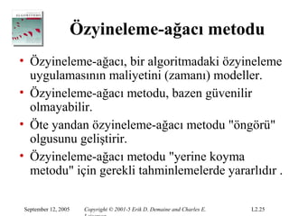 Özyineleme-ağacı metodu
• Özyineleme-ağacı, bir algoritmadaki özyineleme
  uygulamasının maliyetini (zamanı) modeller.
• Özyineleme-ağacı metodu, bazen güvenilir
  olmayabilir.
• Öte yandan özyineleme-ağacı metodu "öngörü"
  olgusunu geliştirir.
• Özyineleme-ağacı metodu "yerine koyma
  metodu" için gerekli tahminlemelerde yararlıdır .

September 12, 2005    Copyright © 2001-5 Erik D. Demaine and Charles E.   L2.25
 