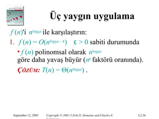 Üç yaygın uygulama
f (n)'i nlogba ile karşılaştırın:
1. f (n) = O(nlogba – ε) ε > 0 sabiti durumunda
   • f (n) polinomsal olarak nlogba
   göre daha yavaş büyür (nε faktörü oranında).
   ÇÖZÜM: T(n) = Θ(nlogba) .




 September 12, 2005   Copyright © 2001-5 Erik D. Demaine and Charles E.   L2.36
 