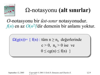 Ω-notasyonu (alt sınırlar)
O-notasyonu bir üst-sınır notasyonudur.
f(n) en az O(n2)'dir demenin bir anlamı yoktur.

    Ω(g(n))= { f(n) : tüm n ≥ n0 değerlerinde
                      c > 0, n0 > 0 ise ve
                      0 ≤ cg(n) ≤ f(n) }




September 12, 2005    Copyright © 2001-5 Erik D. Demaine and Charles E.   L2.9
 