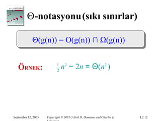 Θ-notasyonu(sıkı sınırlar)

             Θ(g(n)) = O(g(n)) ∩ Ω(g(n))


   ÖRNEK:                   1
                            2
                              n2 − 2n = Θ(n2 )




September 12, 2005   Copyright © 2001-5 Erik D. Demaine and Charles E.   L2.12
 