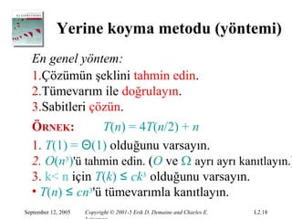 Yerine koyma metodu (yöntemi)
  En genel yöntem:
  1.Çözümün şeklini tahmin edin.
  2.Tümevarım ile doğrulayın.
  3.Sabitleri çözün.
  ÖRNEK:        T(n) = 4T(n/2) + n
  1. T(1) = Θ(1) olduğunu varsayın.
  2. O(n3)'ü tahmin edin. (O ve Ω ayrı ayrı kanıtlayın.)
  3. k< n için T(k) ≤ ck3 olduğunu varsayın.
  • T(n) ≤ cn3'ü tümevarımla kanıtlayın.
September 12, 2005   Copyright © 2001-5 Erik D. Demaine and Charles E.   L2.18
 