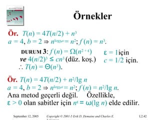 Örnekler
Ör. T(n) = 4T(n/2) + n3
a = 4, b = 2 ⇒ nlogba = n2; f (n) = n3.
    DURUM 3: f (n) = Ω(n2 + ε)       ε = 1için
    ve 4(n/2)3 ≤ cn3 (düz. koş.) c = 1/2 için.
   ∴ T(n) = Θ(n3).
Ör. T(n) = 4T(n/2) + n2/lg n
a = 4, b = 2 ⇒ nlogba = n2; f (n) = n2/lg n.
Ana metod geçerli değil. Özellikle,
ε > 0 olan sabitler için nε = ω(lg n) elde edilir.
  September 12, 2005   Copyright © 2001-5 Erik D. Demaine and Charles E.   L2.42
 