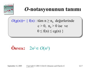 O-notasyonunun tanımı
    O(g(n))= { f(n) : tüm n ≥ n0 değerlerinde
                      c > 0, n0 > 0 ise ve
                      0 ≤ f(n) ≤ cg(n) }



    ÖRNEK: 2n2 ∈ O(n3)


September 12, 2005   Copyright © 2001-5 Erik D. Demaine and Charles E.   L2.7
 