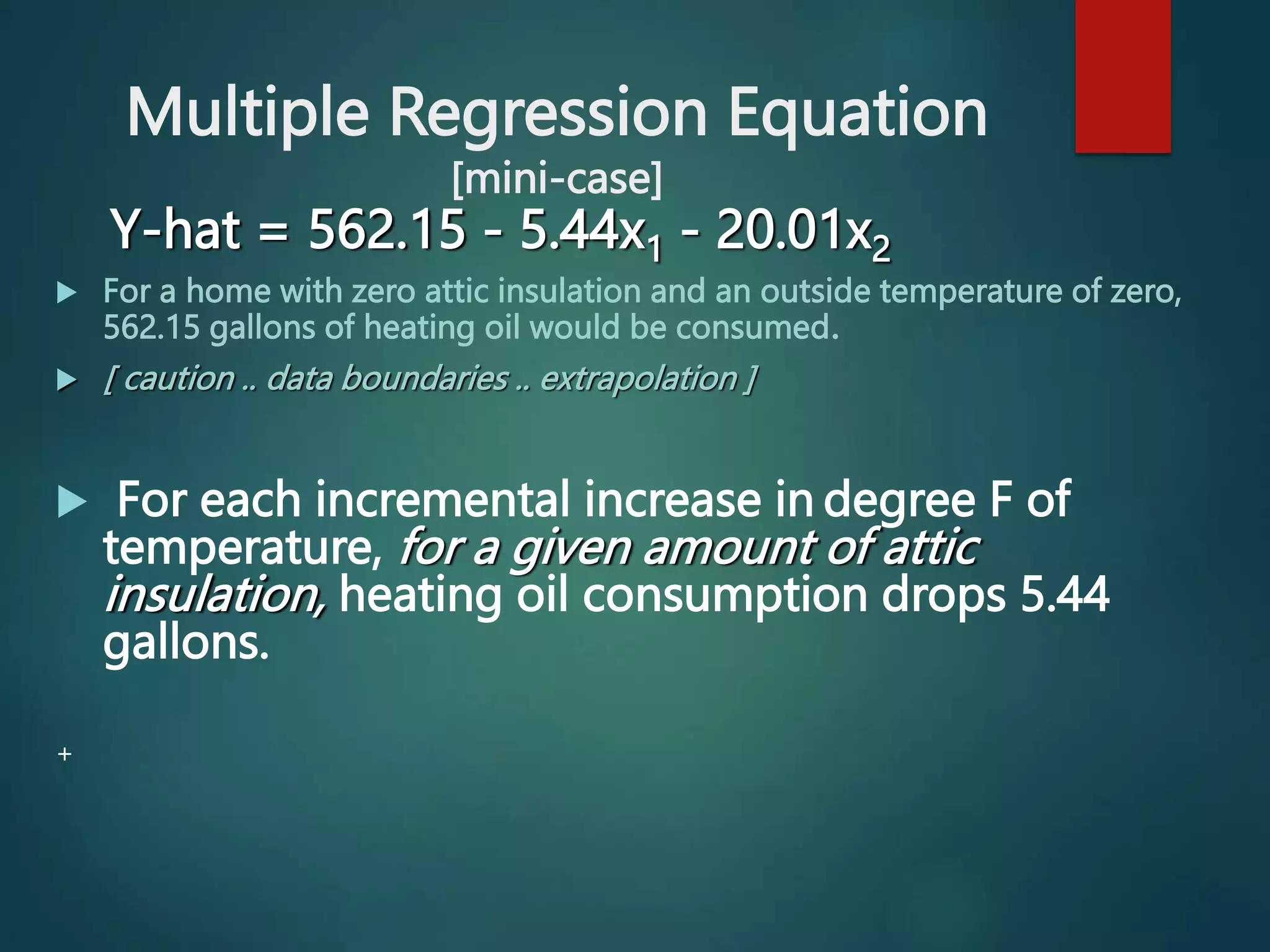 Multiple Regression Equation
[mini-case]
Y-hat = 562.15 - 5.44x1 - 20.01x2
 For a home with zero attic insulation and an outside temperature of zero,
562.15 gallons of heating oil would be consumed.
 [ caution .. data boundaries .. extrapolation ]
 For each incremental increase in degree F of
temperature, for a given amount of attic
insulation, heating oil consumption drops 5.44
gallons.
+
 