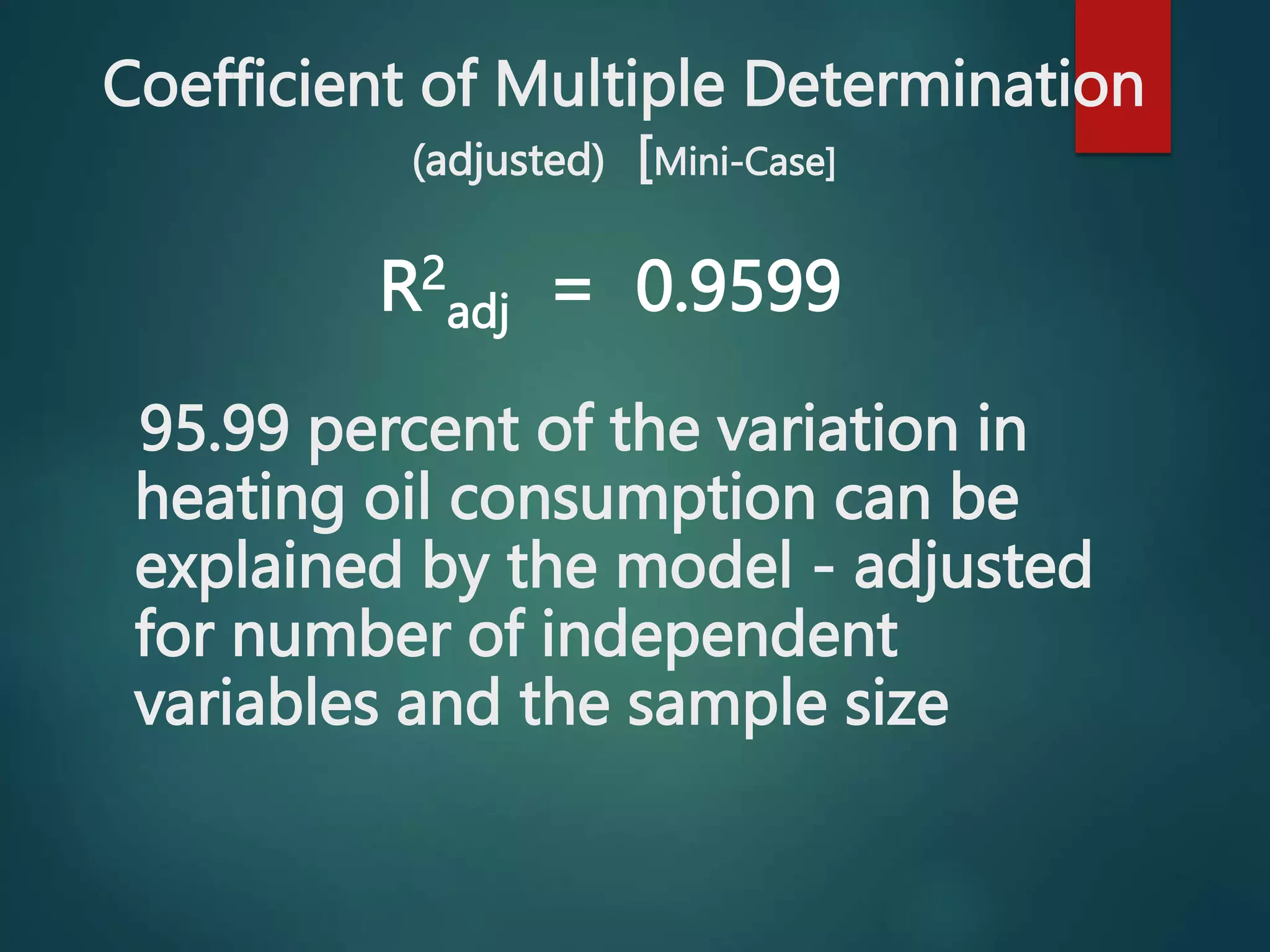 Coefficient of Multiple Determination
(adjusted) [Mini-Case]
R2
adj = 0.9599
95.99 percent of the variation in
heating oil consumption can be
explained by the model - adjusted
for number of independent
variables and the sample size
 