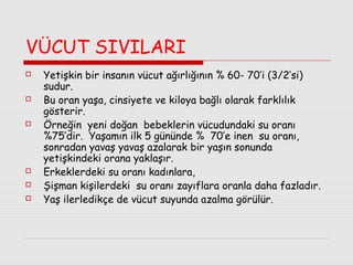 VÜCUT SIVILARI










Yetişkin bir insanın vücut ağırlığının % 60- 70’i (3/2’si)
sudur.
Bu oran yaşa, cinsiyete ve kiloya bağlı olarak farklılık
gösterir.
Örneğin yeni doğan bebeklerin vücudundaki su oranı
%75’dir. Yaşamın ilk 5 gününde % 70’e inen su oranı,
sonradan yavaş yavaş azalarak bir yaşın sonunda
yetişkindeki orana yaklaşır.
Erkeklerdeki su oranı kadınlara,
Şişman kişilerdeki su oranı zayıflara oranla daha fazladır.
Yaş ilerledikçe de vücut suyunda azalma görülür.

 