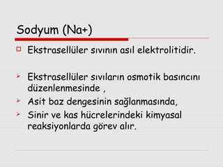 Sodyum (Na+)







Ekstrasellüler sıvının asıl elektrolitidir.
Ekstrasellüler sıvıların osmotik basıncını
düzenlenmesinde ,
Asit baz dengesinin sağlanmasında,
Sinir ve kas hücrelerindeki kimyasal
reaksiyonlarda görev alır.

 