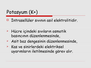 Potasyum (K+)







İntrasellüler sıvının asıl elektrolitidir.
Hücre içindeki sıvıların osmotik
basıncının düzenlenmesinde,
Asit baz dengesinin düzenlenmesinde,
Kas ve sinirlerdeki elektriksel
uyarımların iletilmesinde görev alır.

 