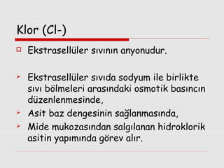 Klor (Cl-)







Ekstrasellüler sıvının anyonudur.
Ekstrasellüler sıvıda sodyum ile birlikte
sıvı bölmeleri arasındaki osmotik basıncın
düzenlenmesinde,
Asit baz dengesinin sağlanmasında,
Mide mukozasından salgılanan hidroklorik
asitin yapımında görev alır.

 